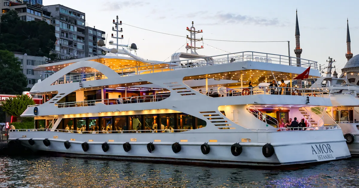 Aerial night view of the AMOR cruise on the Bosphorus