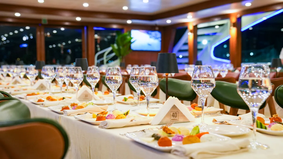 Table set for dinner aboard the AMOR on the Bosphorus, Istanbul