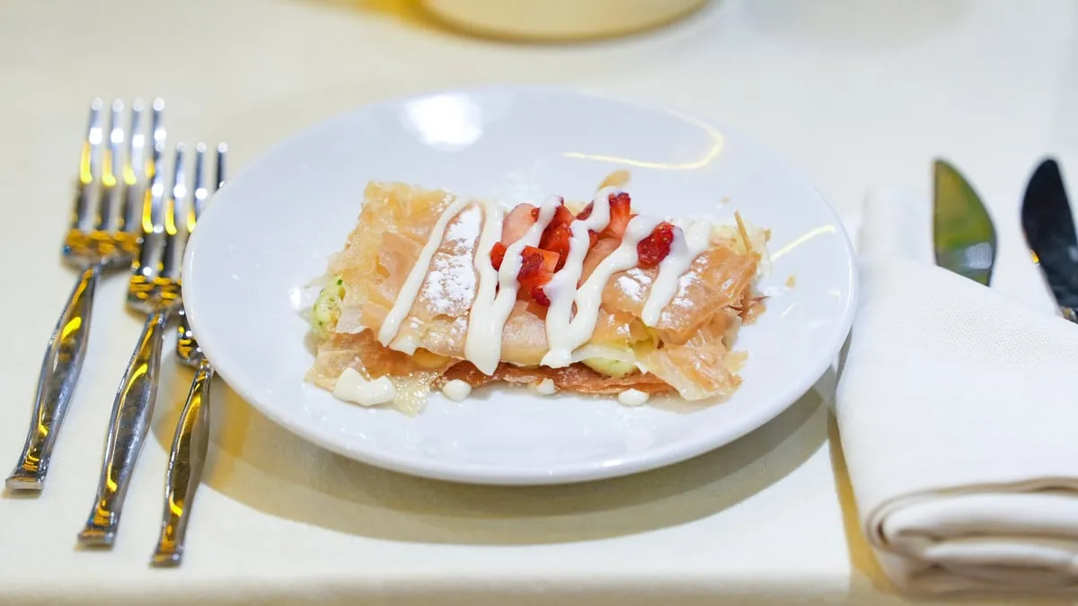 Warm börek starter plated on the AMOR Bosphorus dinner cruise